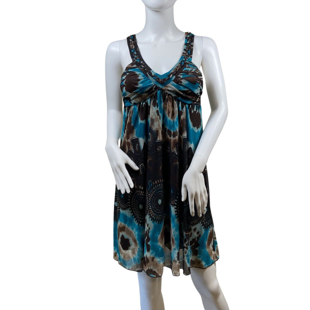 Trixxi Size Small Tie Dye Boho Tank Lined Mini Dress Teal Brown Cowgirl